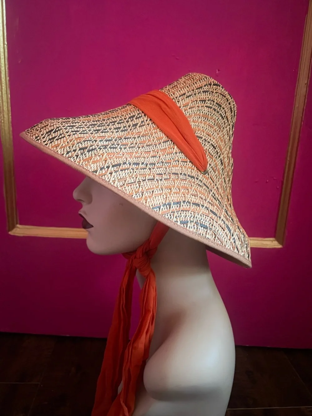 Vintage 1950’s Straw Sun Hat with Orange chiffon ribbon and Cherry Accent